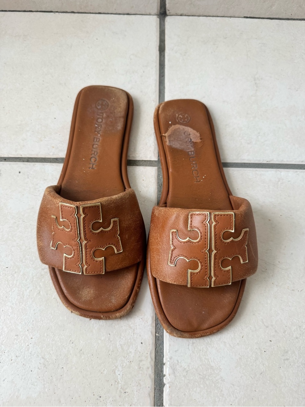 Tory Burch Tan Leather Slide Sandals with Logo Strap
